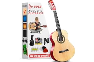 Pyle 30-Inch Beginner Acoustic Guitar Kit, 6-String Classical Style Travel Guitar for Kids & Adults - Includes Shoulder Strap, Strings, Picks, Tuning Pitch Pipe & Storage Gig Bag - Handcrafted Wood