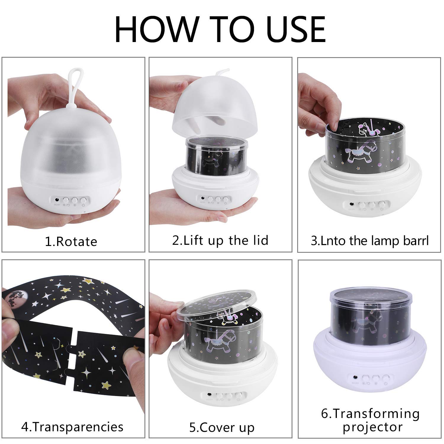 [NOVITÀ 2019] Lampada Proiettore di Stelle, 4 Set Projector Films 8 modalità di illuminazione Lampada per luci notturne a LED 360° Rotating, per Cameretta per bambini Decorazione