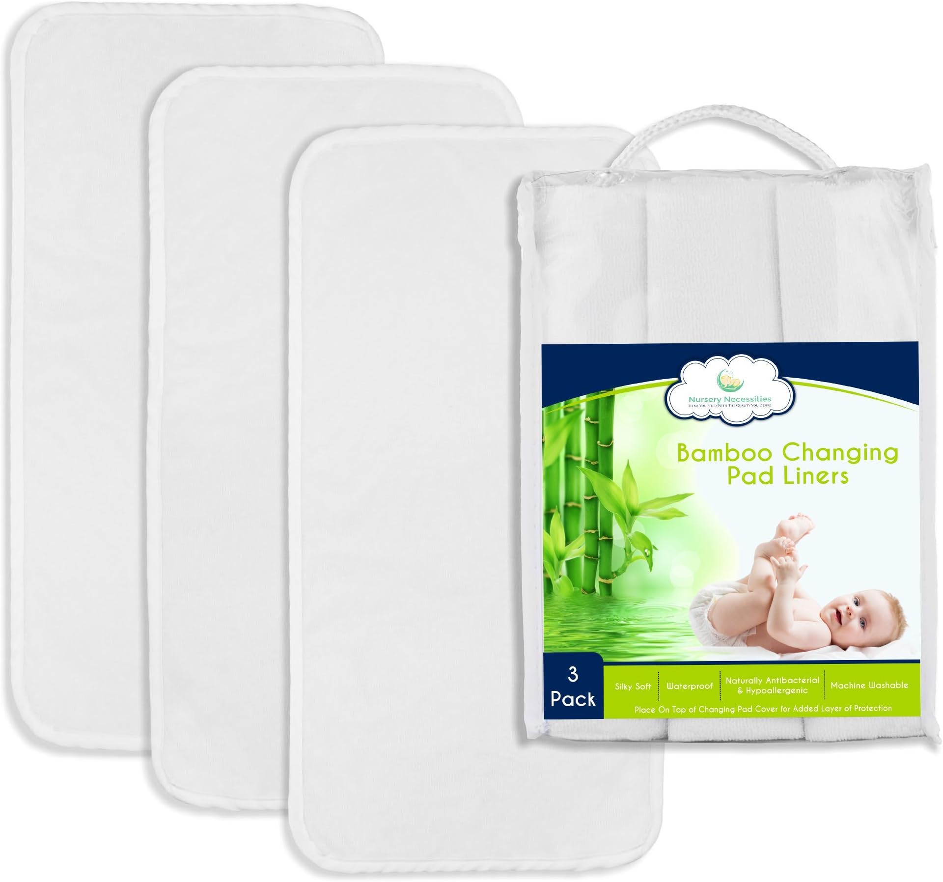 Best NON-SLIDE Bamboo Changing Pad Liners - 3-Pack, Thicker & Highest Quality Fabric - 26.5” x 13” – Waterproof, Antibacterial, Hypoallergenic, Machine Wash & Dry – Nursery Necessities