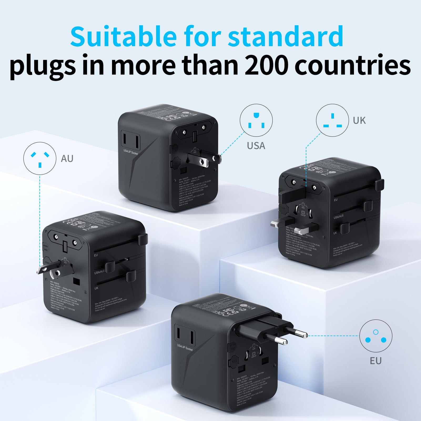 5 in 1 Reiseadapter Weltweit,Universal Adapter mit USB A,USB C,1 Weltweit Steckdose und 1 USA/JP Steckdose,Travel Reisestecker Internationaler Steckdosenadapter für EU USA UK Canada Japan Australien 4
