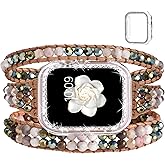 Boho Beaded Bracelets Watch Band Women and Case Compatible with Apple Watch Band 44mm 45mm 41mm 40mm 38mm,Adjustable Stone Wraps Strap for iWatch Series 9 8 7 6 5 4 3 2 1 SE