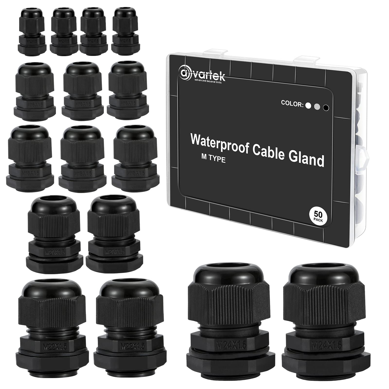 50 Pack Waterproof Cable Glands Adjustable 3-16mm Cable Connectors M12 M16 M18 M20 M22 M24 Plastic Cable Glands Connectors with Locknut and Washer - AVARTEK (Black)