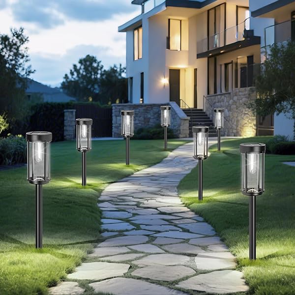 DAMAYCA 12 PACK SOLAR LIGHTS OUTDOOR WATERPROOF FOR GARDEN WALKWAY PATHWAY LAWN YARD DECORATIVE MODERN LANDSCAPE LIGHTING. (COOL WHITE LIGHT, 12)
