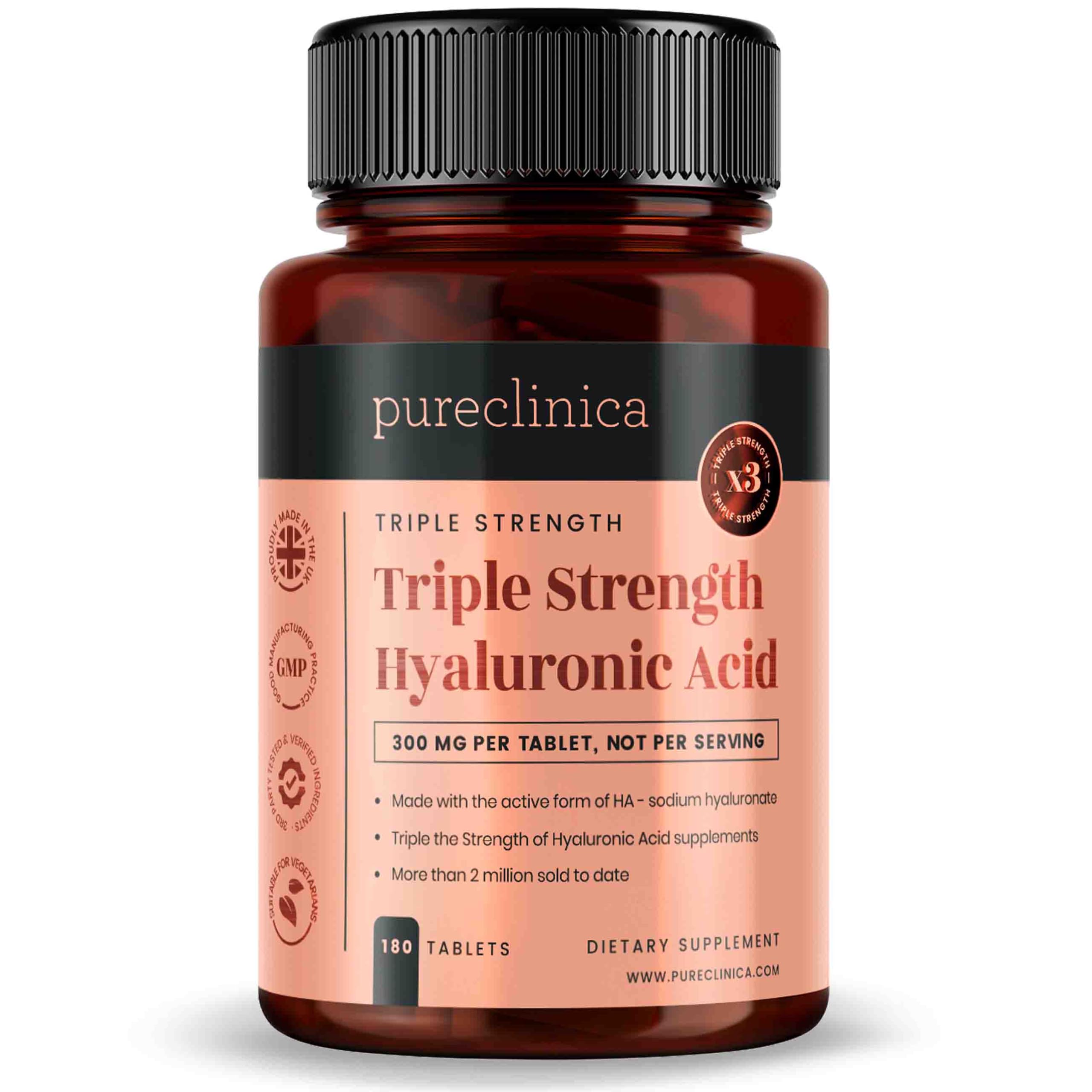 Hyaluronic Acid 300mg Triple Strength – 180 Tablets (6 Month Supply) | Premium Sodium Hyaluronate | High Absorption Joint & Skin Support Supplement | Made in the UK