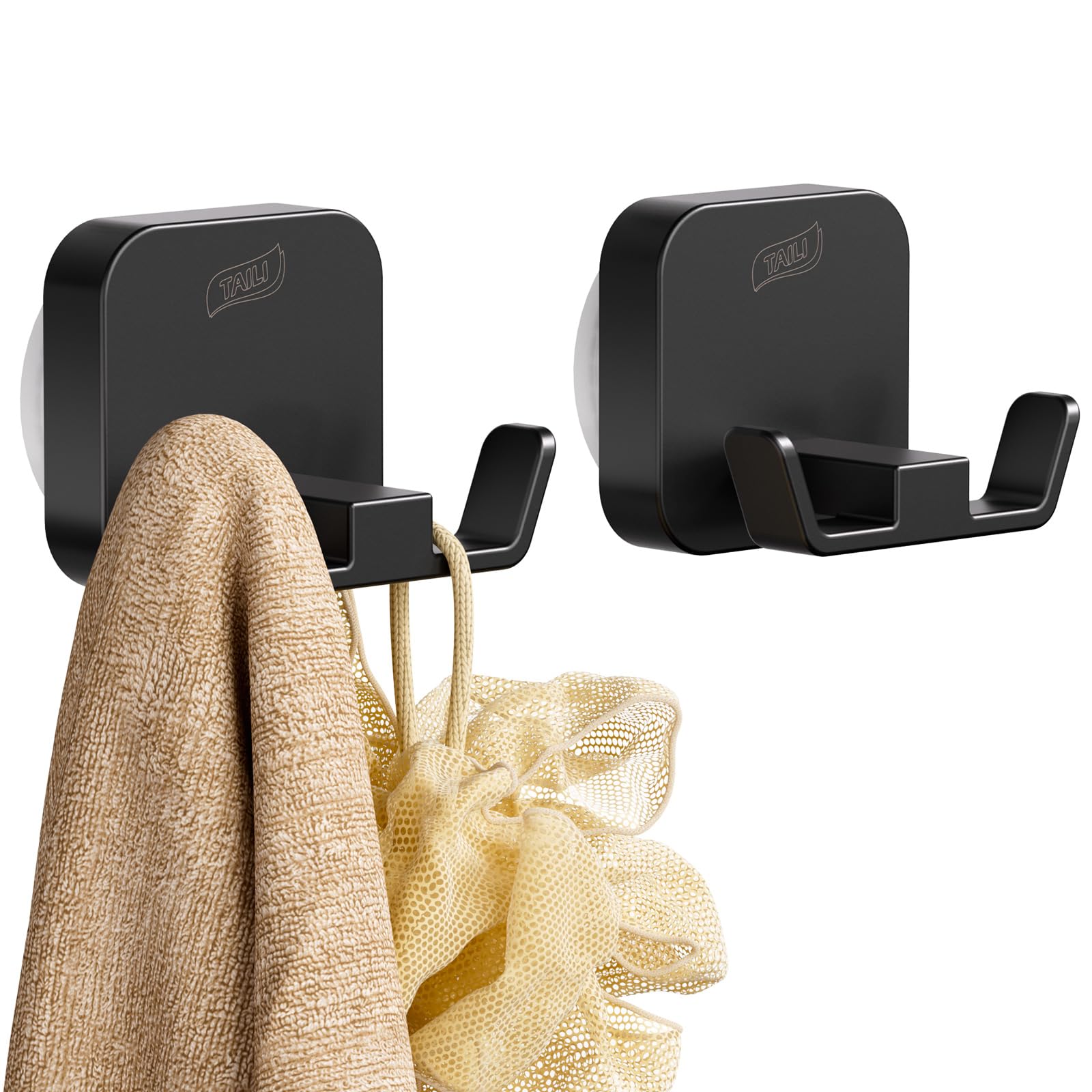 Photo 1 of TAILI Stylish 304 Stainless Steel Bathroom Suction Hooks for Towel, Bathrobe, Loofah, No Damage Hanging Glass Shower Wall Hook, Patented Strong Suction Cup Holder, Hold Up to 11 Lbs, U-Cuboid Black