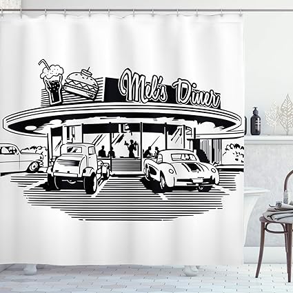 Amazon Ambesonne レトロシャワーカーテン レトロダイナーレストランのノスタルジックなイラスト 50年代のヴィンテージカー柄 フック付き布生地 バスルーム装飾セット 長さ70インチ ブラック ホワイト シャワーカーテン ホーム キッチン オンライン通販
