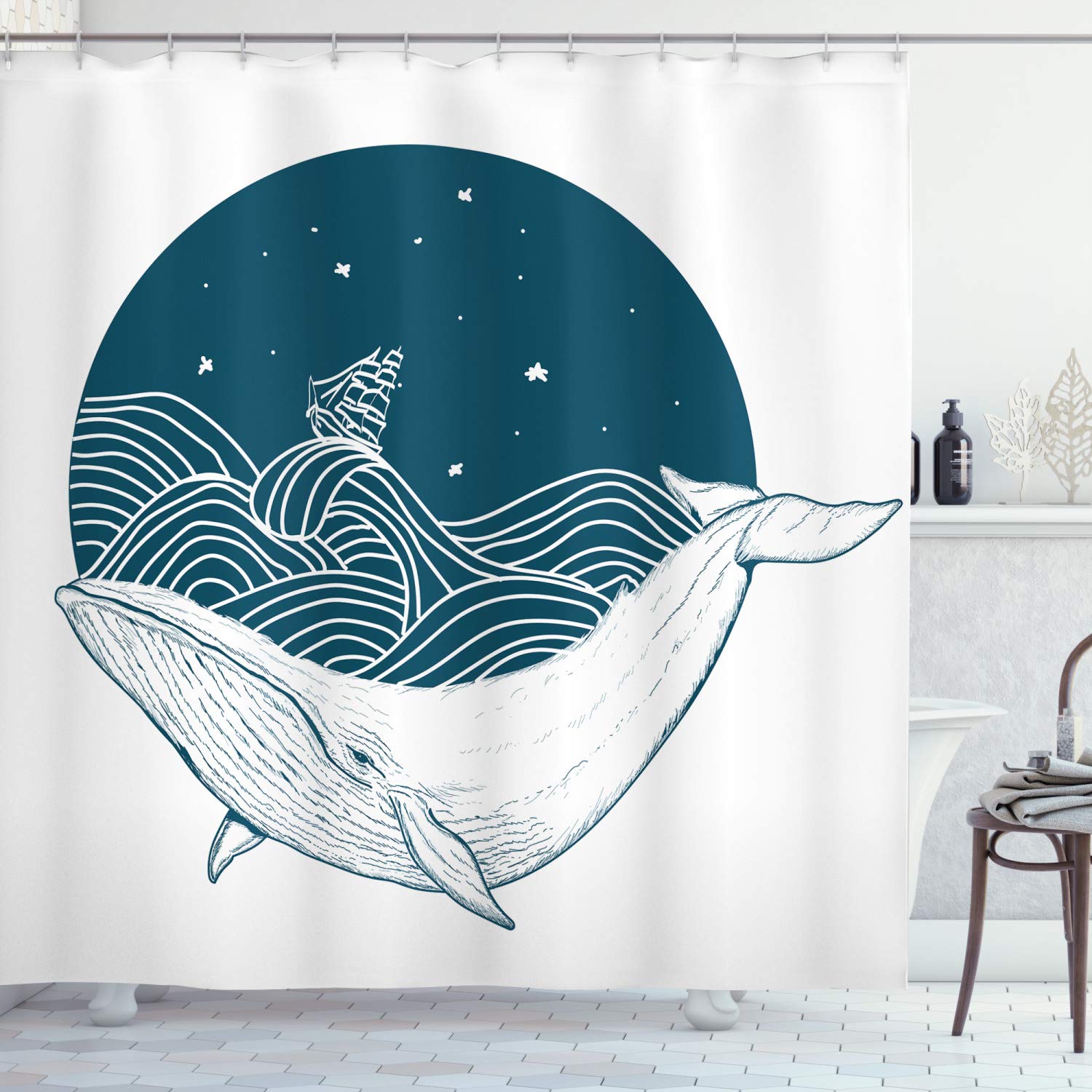 ABAKUHAUS Whale Shower Curtain, Big Mammal Swimming in a Wavy Ocean Stars and Old Antique Ship Artwork Print, Cloth Fabric Bathroom Decor Set with Hooks, 94 Inches, Teal White