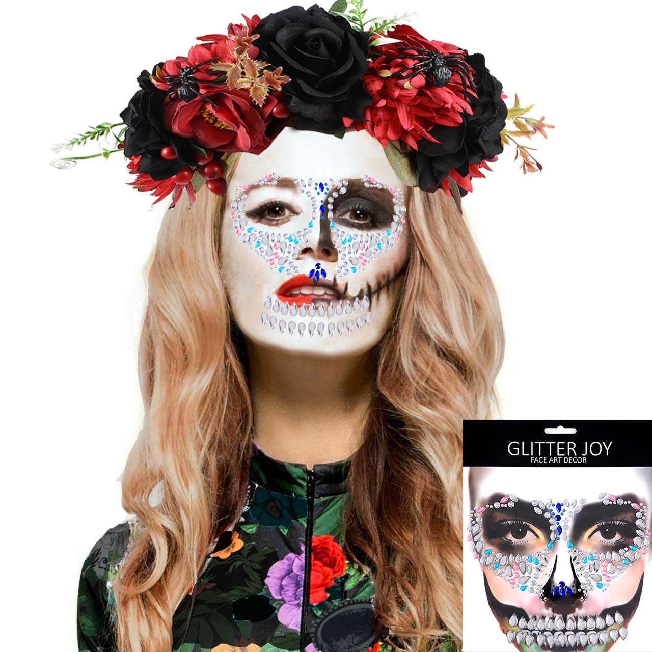 vamei Halloween Face Tattoos/Day of The Dead Make Up/Day of The Dead Accessories/Halloween Flower Crown Headband Mexican Flower Headband Hairband With Halloween Tattoos for Women Halloween Costume