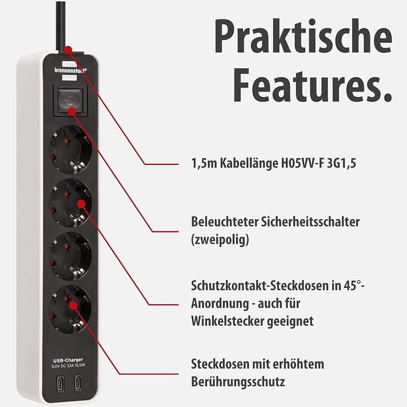 Ecolor Steckdosenleiste 4-Fach mit USB-Ladebuchse