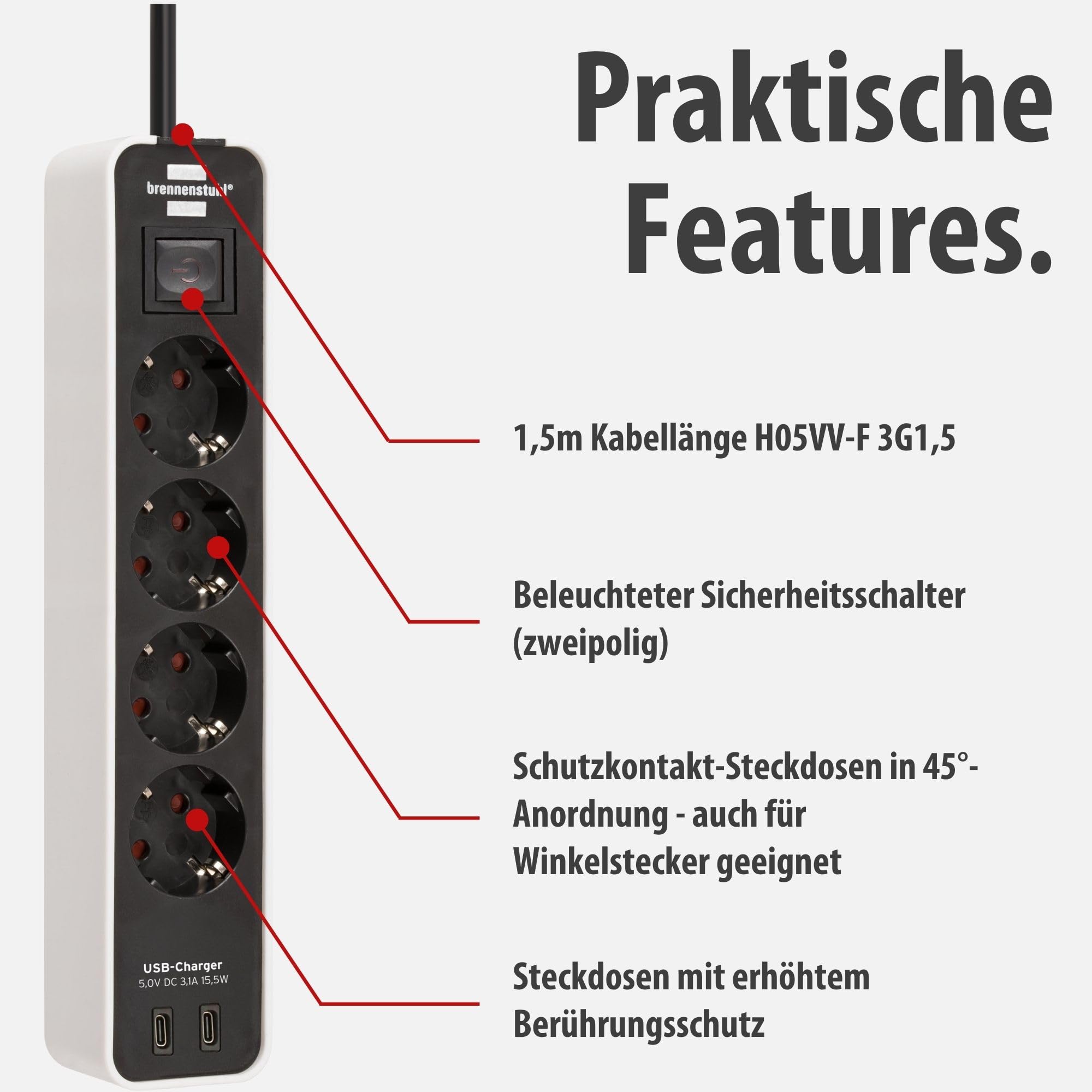 Brennenstuhl Ecolor Steckdosenleiste 4-Fach mit USB-Ladebuchse (Mehrfachsteckdose mit 2X USB C, Schalter und 1,5m Kabel) weiß/schwarz 3