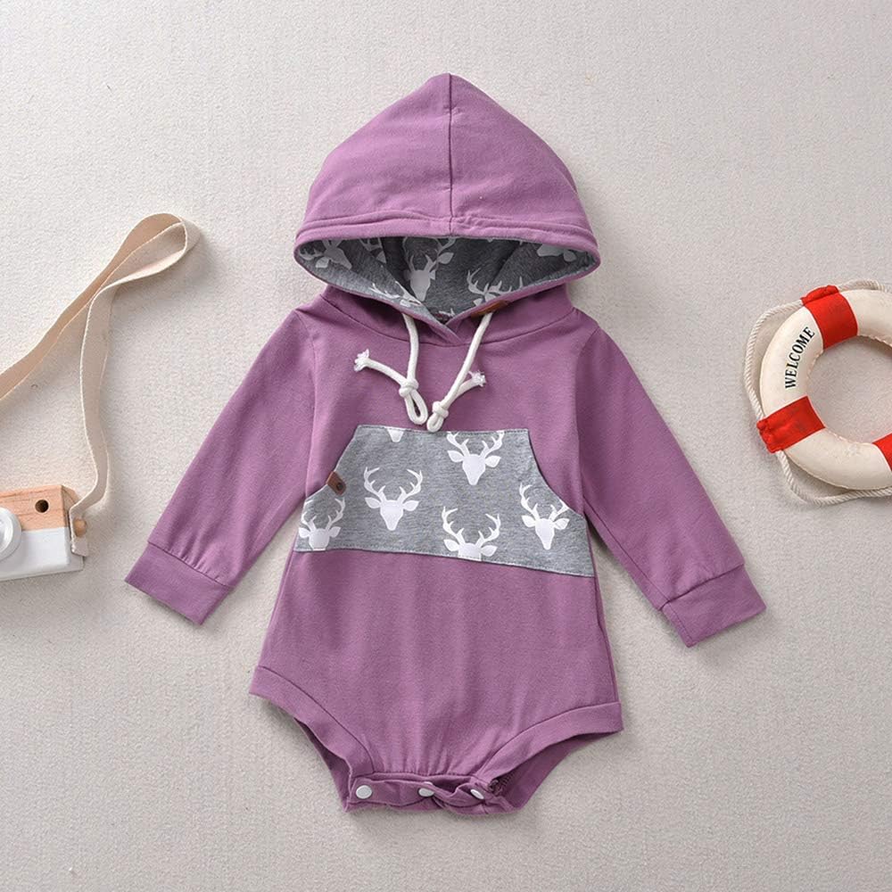 Newborn Baby Boy Girl Long Sleeve Deer Romper Pullover Hooded Tops Pants 2Pcs Sweatshirt Outfits Set: Clothing