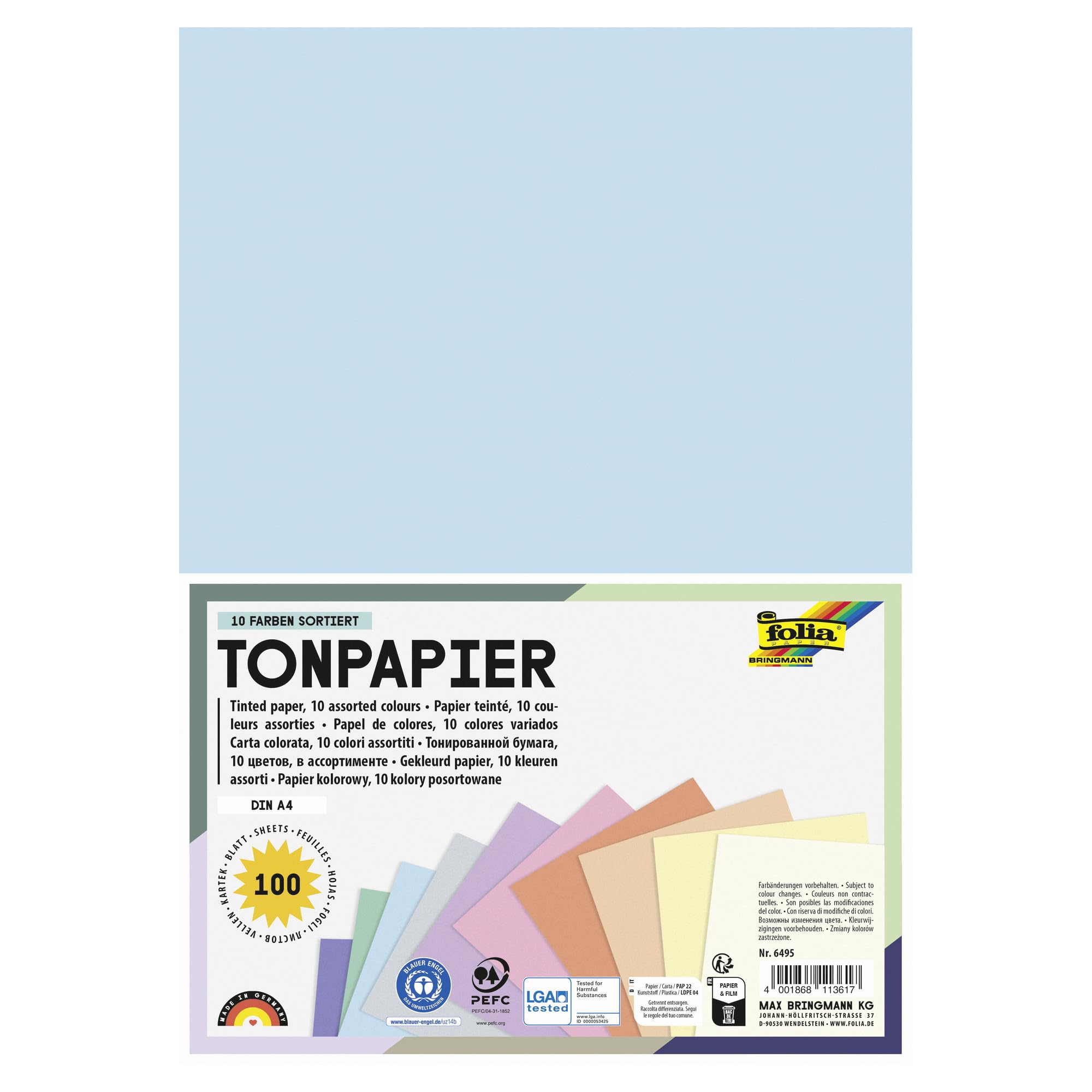 folia 6495 Coloured Paper Mix Pastel DIN A4 130 g/m² 100 Sheets Assorted in 10 Colours for Crafts and Creative Design of Cards, Window Pictures and for Scrapbooking