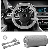 Ziciner Genuine Leather Steering Wheel Cover, Stitch on Wrap, Breathable Anti-Slip Car Steering Wheel Protector for Max Diameter 15 Inch, DIY Sewing with Needles Thread (Gray, Hole)
