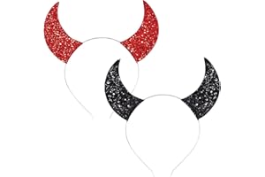 Jmkcoz 2 Pcs Devil Horns Headband Halloween Fancy Dress Cosplay Hairband Glitter Devil Horns Headwear Black Red Hair Hoop Accessory for Halloween Party Props Dress Up Costume