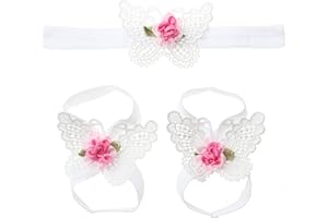 LDDCX Baby girls infant crochet butterfly headbands and knitted flower barefoot sandals.(BBFJ3) (White A)