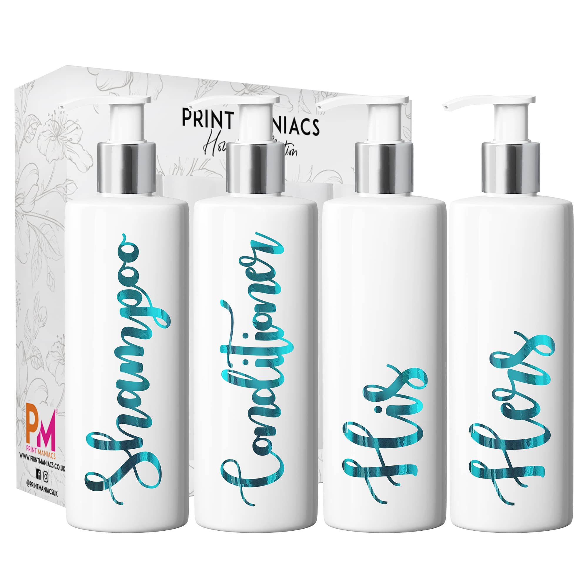 Print Maniacs White Mrs Hinch Inspired Personalised 500ml Pump Bottles Bathroom Lotion Kitchen Set Shampoo Conditioner (Set 4 His Her ) (Teal)