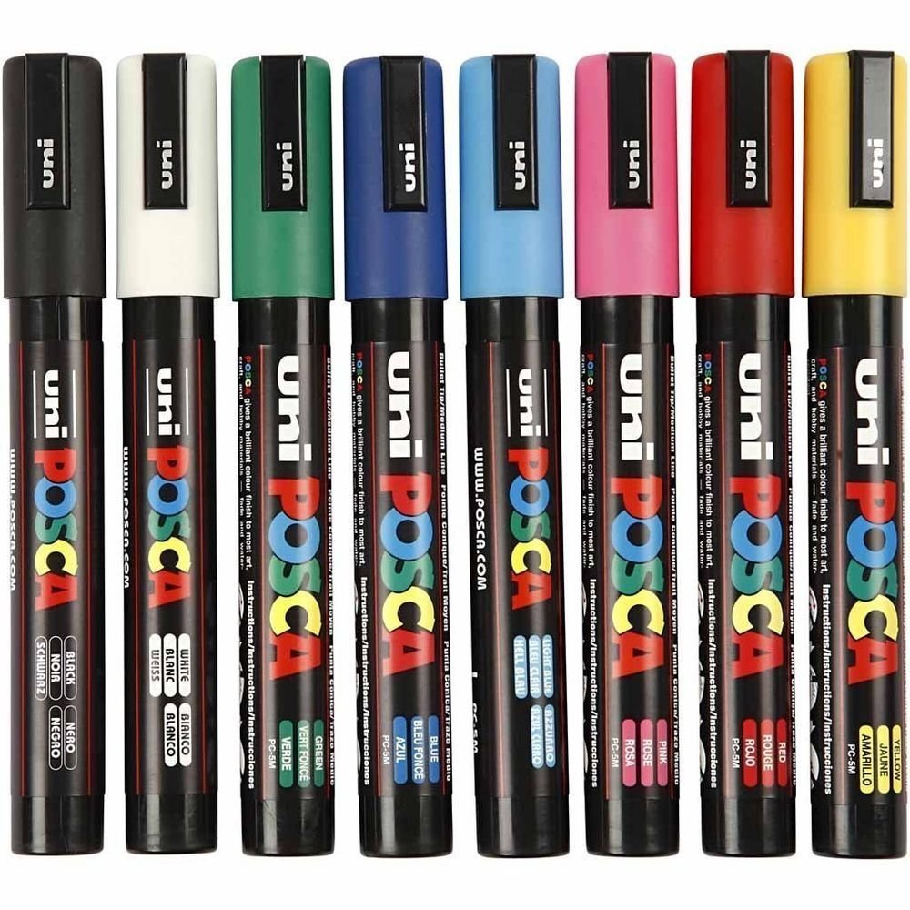 Posca Uni-Ball PC-5M [8 Pen Set] includes 1 of each - Black, White, Pink, Red, Yellow, Green, Blue and Light Blue
