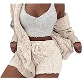 HQQYOO Women Fuzzy Pajama 3 Piece Lounge Sets Fleece Hooded Cardigan with Tank Crop Top and Shorts