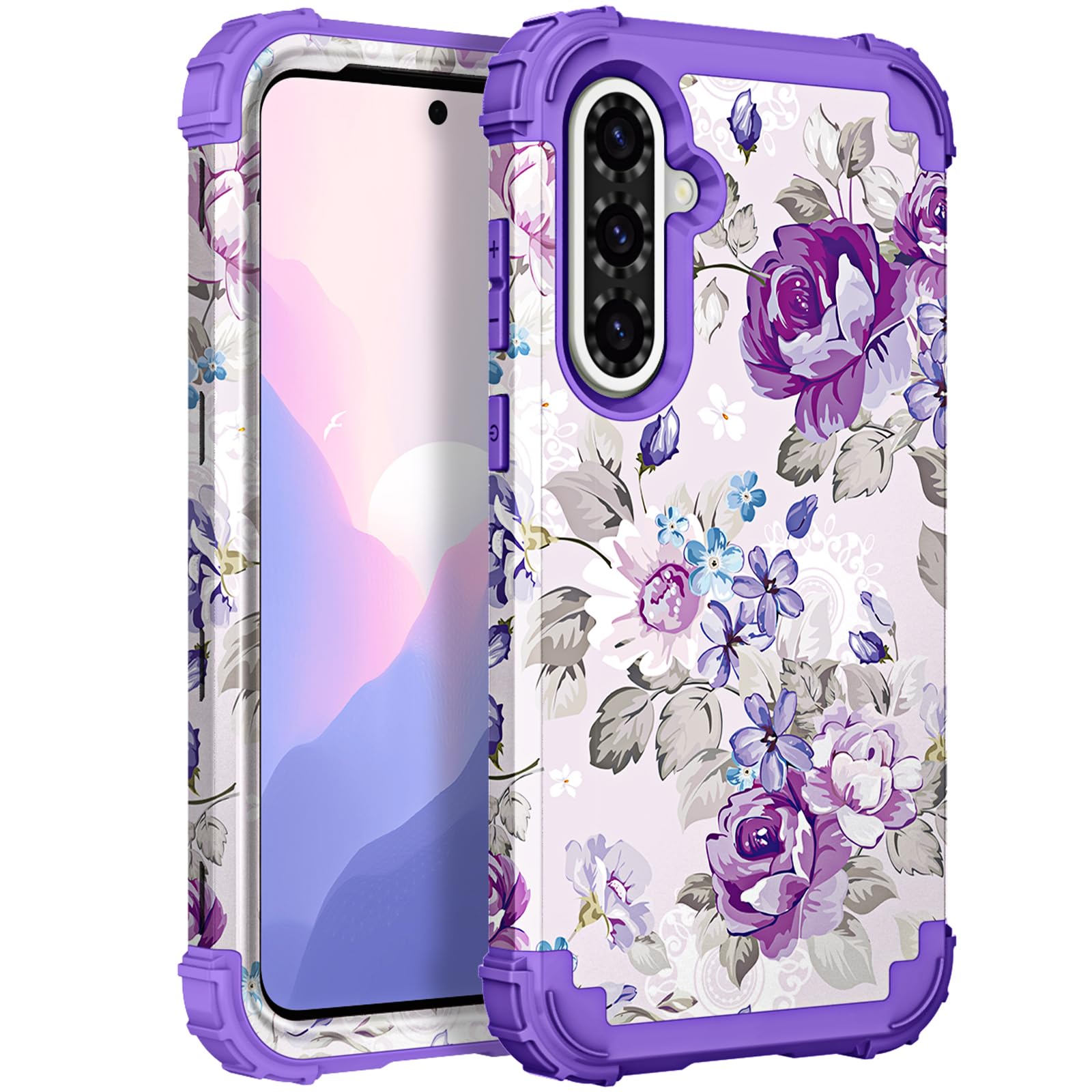 Photo 1 of Hocase for Galaxy A36 5G Case, Heavy Duty Shockproof Protection Soft Silicone Rubber Bumper+Hard Plastic Hybrid Protective Case for Samsung Galaxy A36/A56 5G (6.7" Display) 2025 - Lavender Flowers