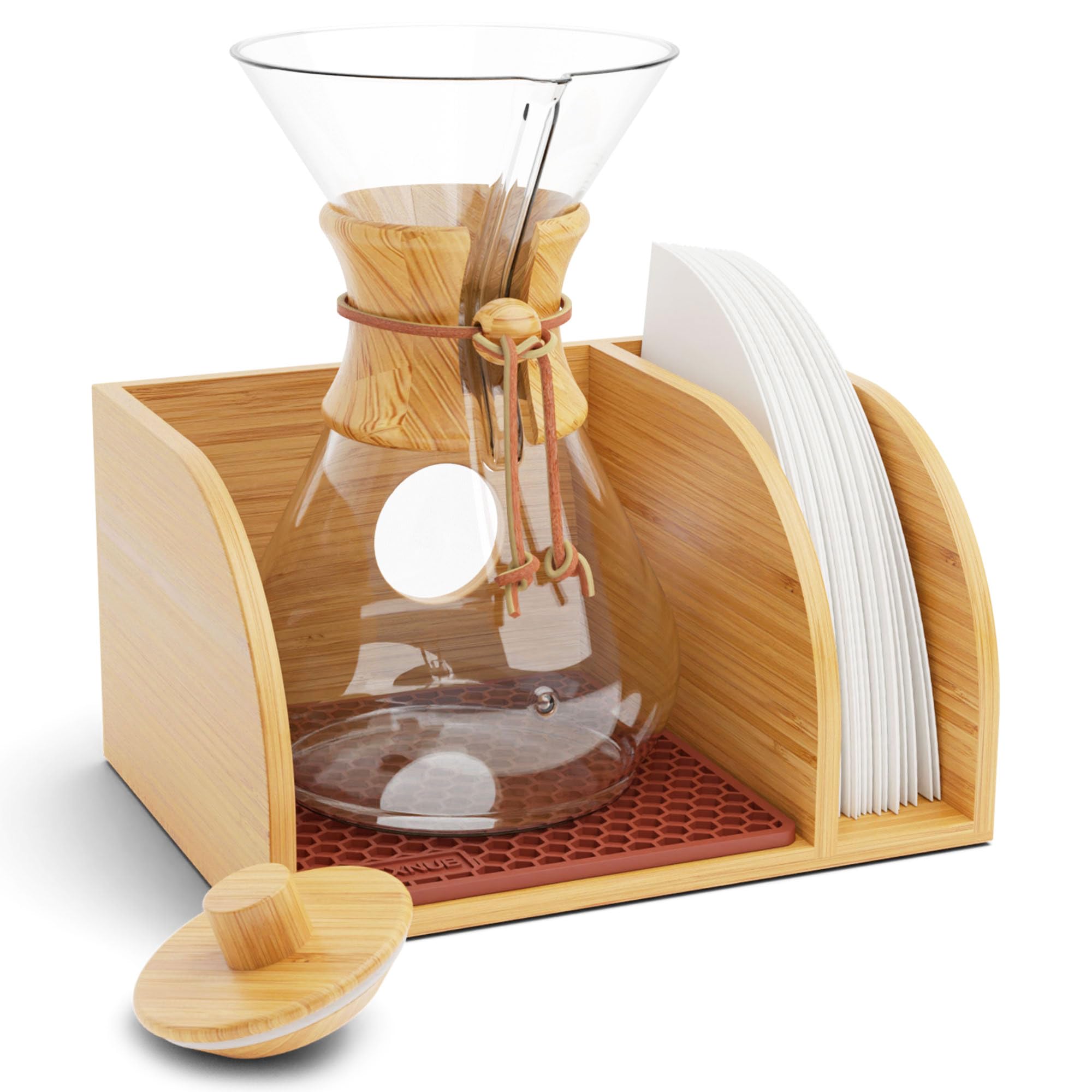 HEXNUB – Caddy and Lid for Chemex and Pour Over Coffee Maker, Bamboo Stand with Filter Holder, Fits Chemex Coffee Maker, Bodum, Cosori, Includes Heatproof Mat - Brown