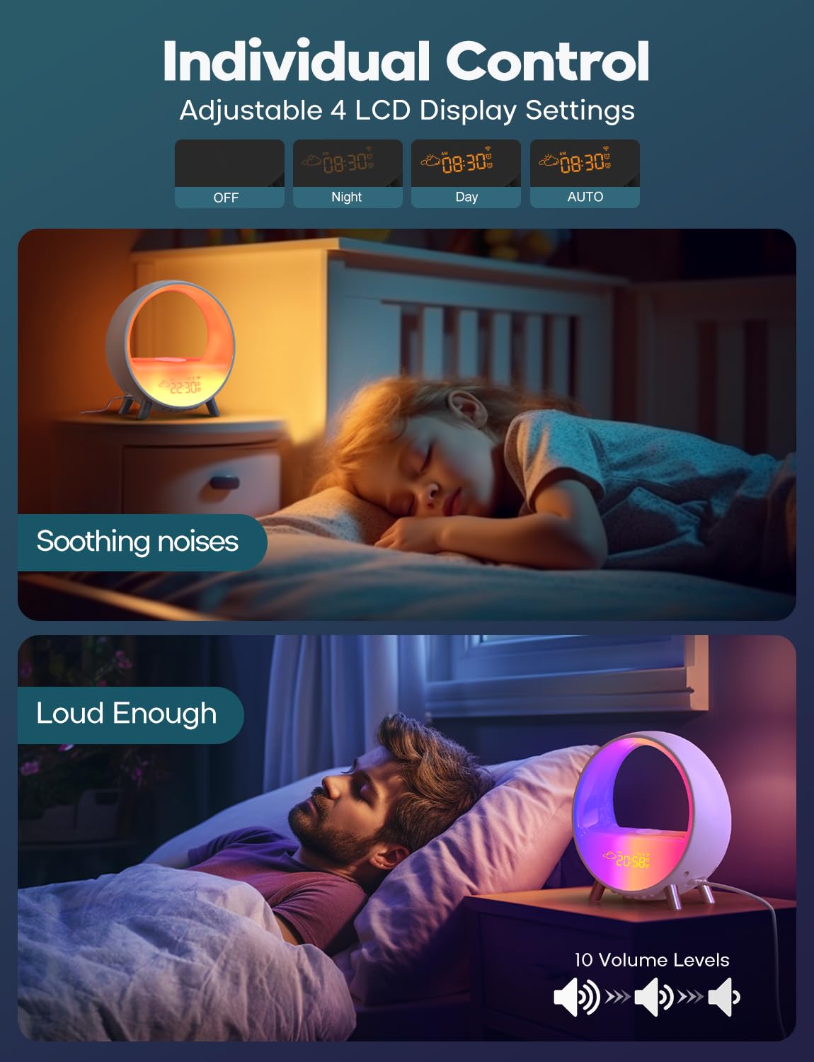 Dekala Arches Gradual Sunrise Alarm Clock with Wireless Charging Bluetooth Speaker White Noise Soothing Sound Machine Night Light for Adult Teens Touch/Button Control【Special for No WiFi No App】