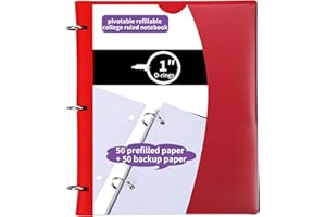 Tashkummy Pivotable Refillable Notebook, 1 Inch 3 Ring Notebook Binder, 100 College Ruled Paper, 5 Subject Notebook with Dividers and Folder Pockets, Tabs- Red