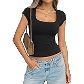 EasyGala Womens Cotton Square Neck Short Sleeve Shirts Slim Fit Cap Sleeve Tops Summer Basic Low Cut Tee Fashion Clothes