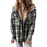 Dokotoo Womens Plaid Shacket Jacket Long Sleeve Button Down Fleece Hooded Jackets Warm Coat