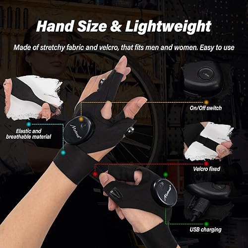 Fingerless Gloves Men LED Flashlight Gloves – Hands-Free Rechargeable Light Gloves For Dad, Men, Repair, Camping, Fishing – Cool Gadget Gift Best Christmas Gifts Men 2025