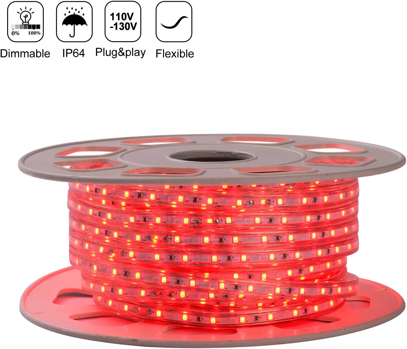 Shine Decor 7x10mm LED Strip Lights, 110V-120V Dimmable Flexible Waterproof Rope Lights, 60LEDs/M, 50ft Red Light Strip for Indoor Outdoor Ambient Commercial Lighting Decoration, Accessories Included