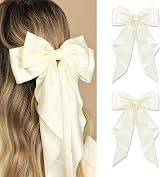 AYNKH 2 Pack Big Bow Hair Clips Silky Satin White French Barrette Womens Girls view 3