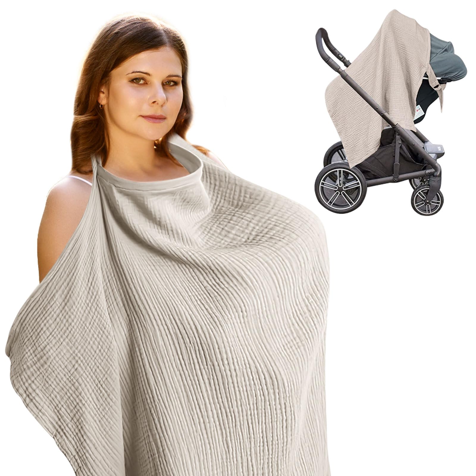 Nursing Cover Muslin Soft Breathable Breastfeeding Cover Breast Feeding Cover for Mum, Multi Use Breast Feeding Cover Up with Adjustable Strap Full Privacy Protection, Khaki