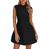 YMDUCH Women's Summer Cap Sleeve Mock Neck Slim Fit A-line Mini Party Dress