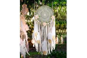 AerWo Boho Dream Catcher for Bedroom, Handmade White Gold Feather Flowers Dream Catchers for Girls Kids Nursery Bedroom Wall Decor Festival Gift (Dia 7.8" Length 20")