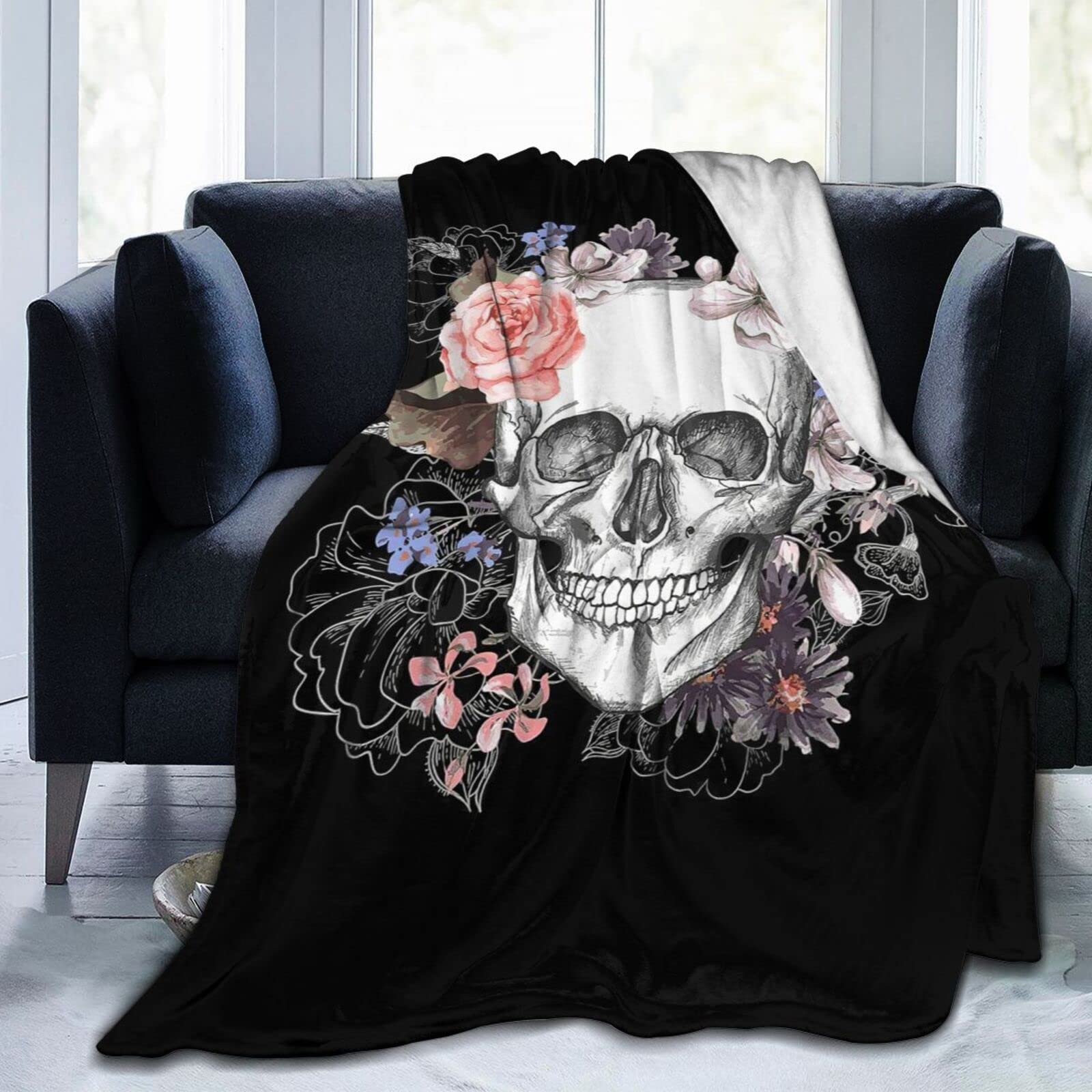Custommixall Skull Blanket Fleece Throw Blanket for Flower Skull Gifts for Women Men Girls Boys All Seasons Super Soft Cozy Plush Throws Blanket for Couch Sofa Bed Office 50"x60"