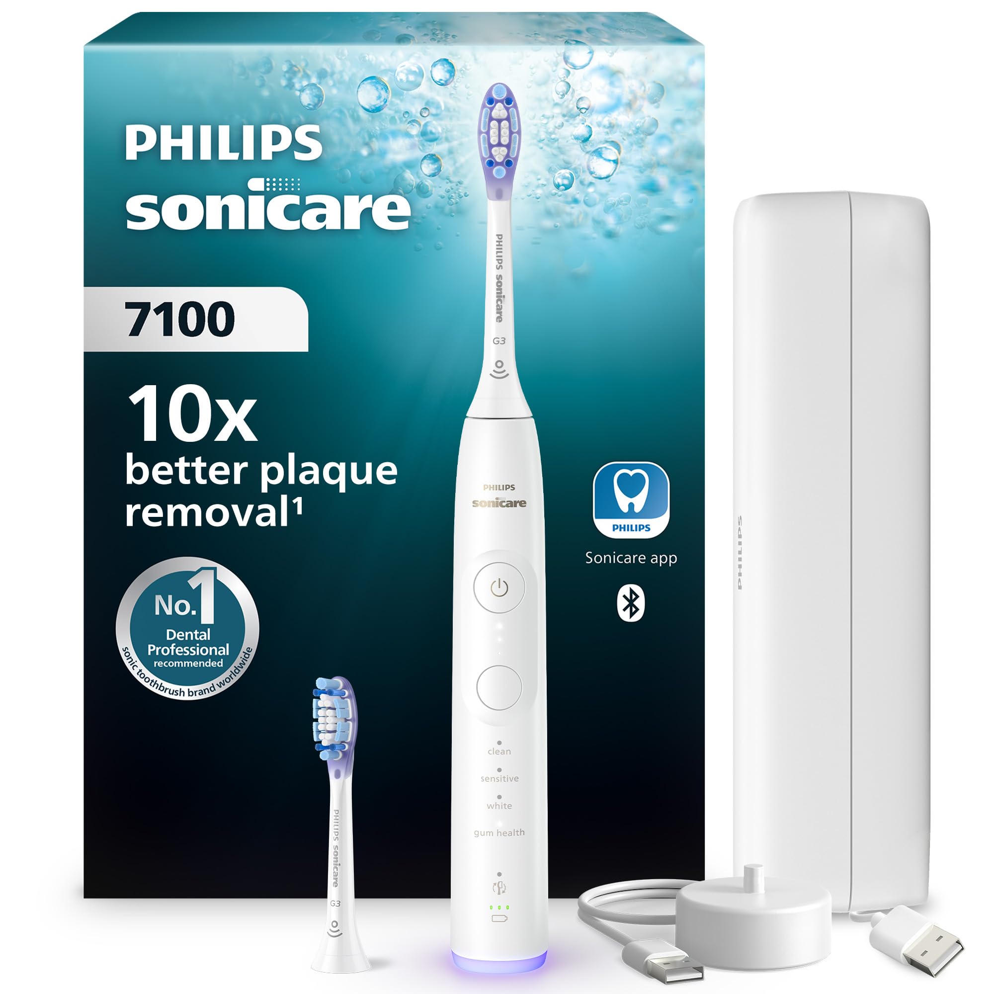 Philips Sonicare 7100 Electric Toothbrush, Sonic Toothbrush with App, 4 Brushing Modes and 3 Intensity Levels, Pressure Alert, EasyStart, SmarTimer, White, Model HX7420/02 [New Technology]