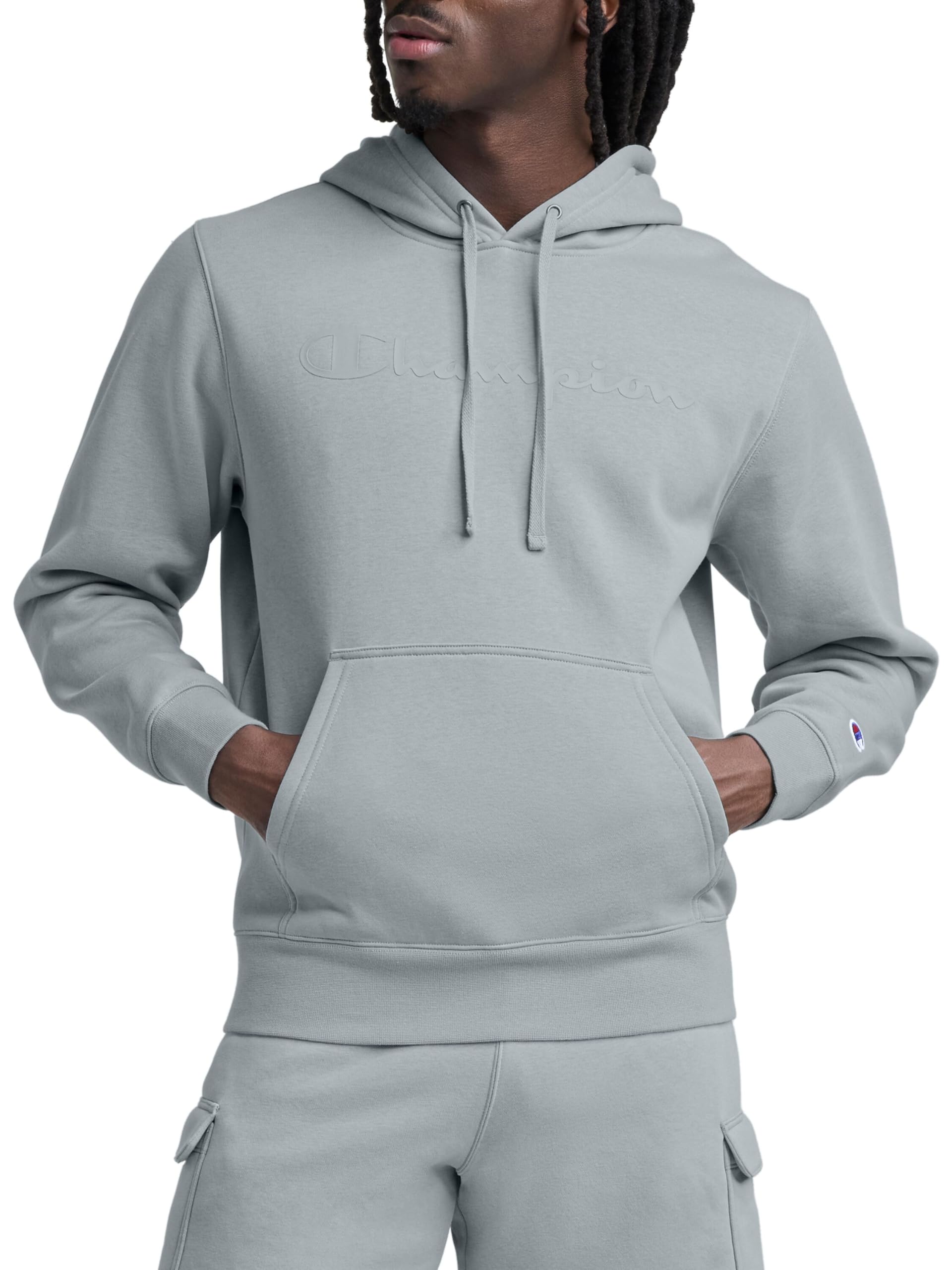 Champion Men's Pullover Graphic Fleece Hoodie, Standard Fit, Midweight Fleece, Tonal Script Logo, Available in Regular and Big & Tall, Quarry, X-Large Image