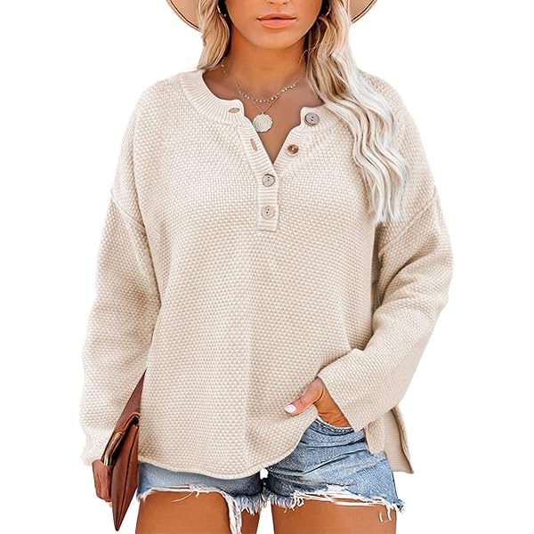 RITERA Plus Size Women's Henley Sweater - Button Up Long Sleeve Cable Knit Tunic Tops XL-5XL