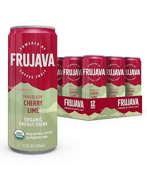 FRUJAVA ORGANIC ENERGY DRINK, TRAILBLAZIN’ CHERRY LIME, 80MG NATURAL CAFFEINE, 3G PREBIOTIC FIBER, 12OZ CAN, POWERED BY COFFEE FRUIT, ORGANIC, LOW CALORIE, OUTDOOR ADVENTURE FUEL (PACK OF 12)