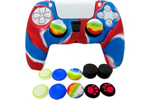 ASOKEX Skin for PS5 Controller Grips, Silicone Case Cover for PlayStation 5 Anti-Slip Protector with 10pcs Thumb Joysticks Caps (red&Blue)
