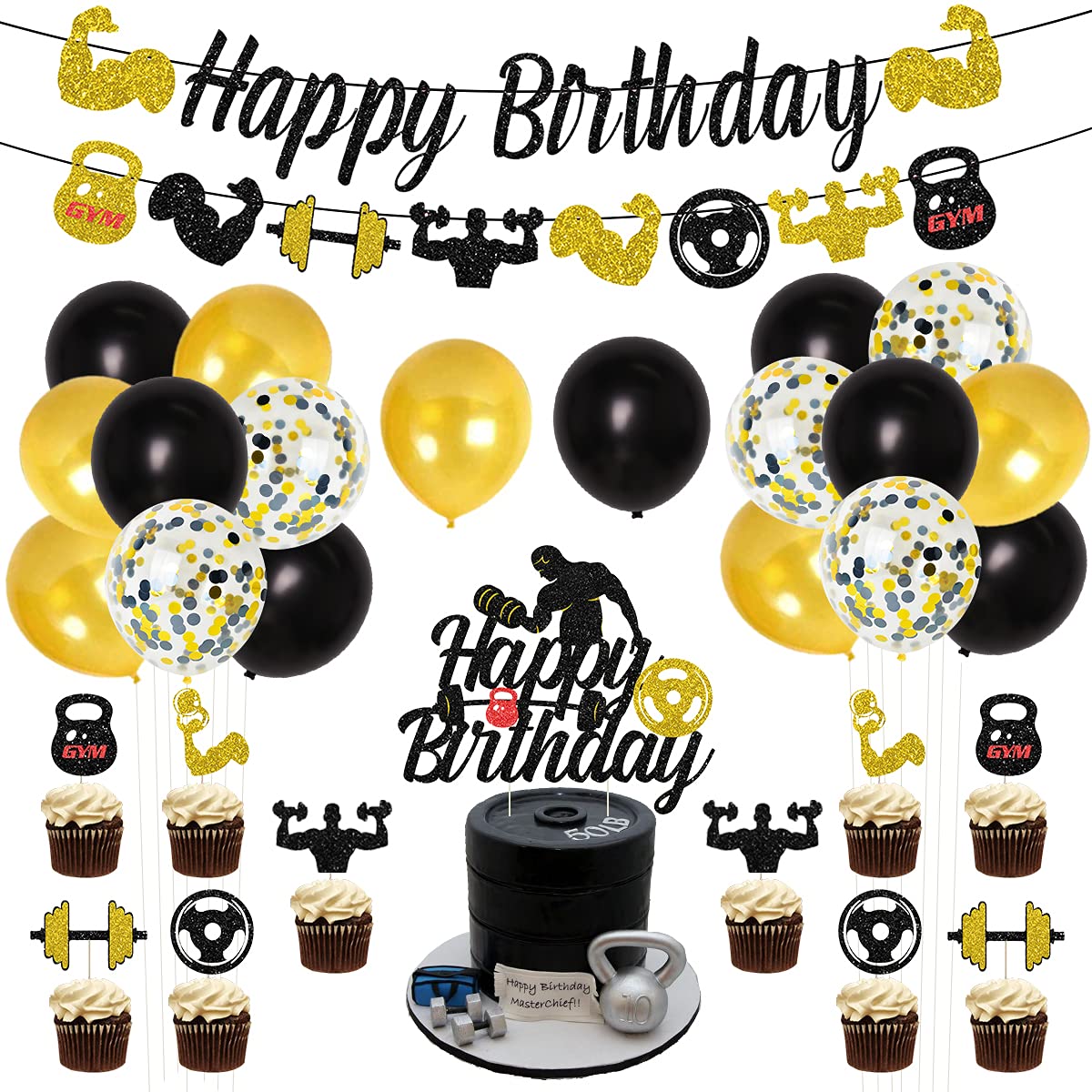 Gym Birthday Party Decorations Black and Gold Fitness Themed Party Decorations for Men, Weight Lifting Theme Party Supplies with Fitness Cake Topper Glitter Gym Happy Birthday Banner