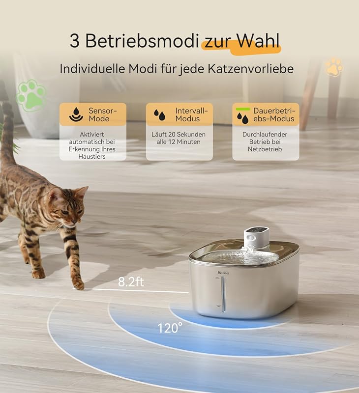 Katzenbrunnen Edelstahl Kabellos 4.1L mit Sensor 3 Modi & 4000mAh