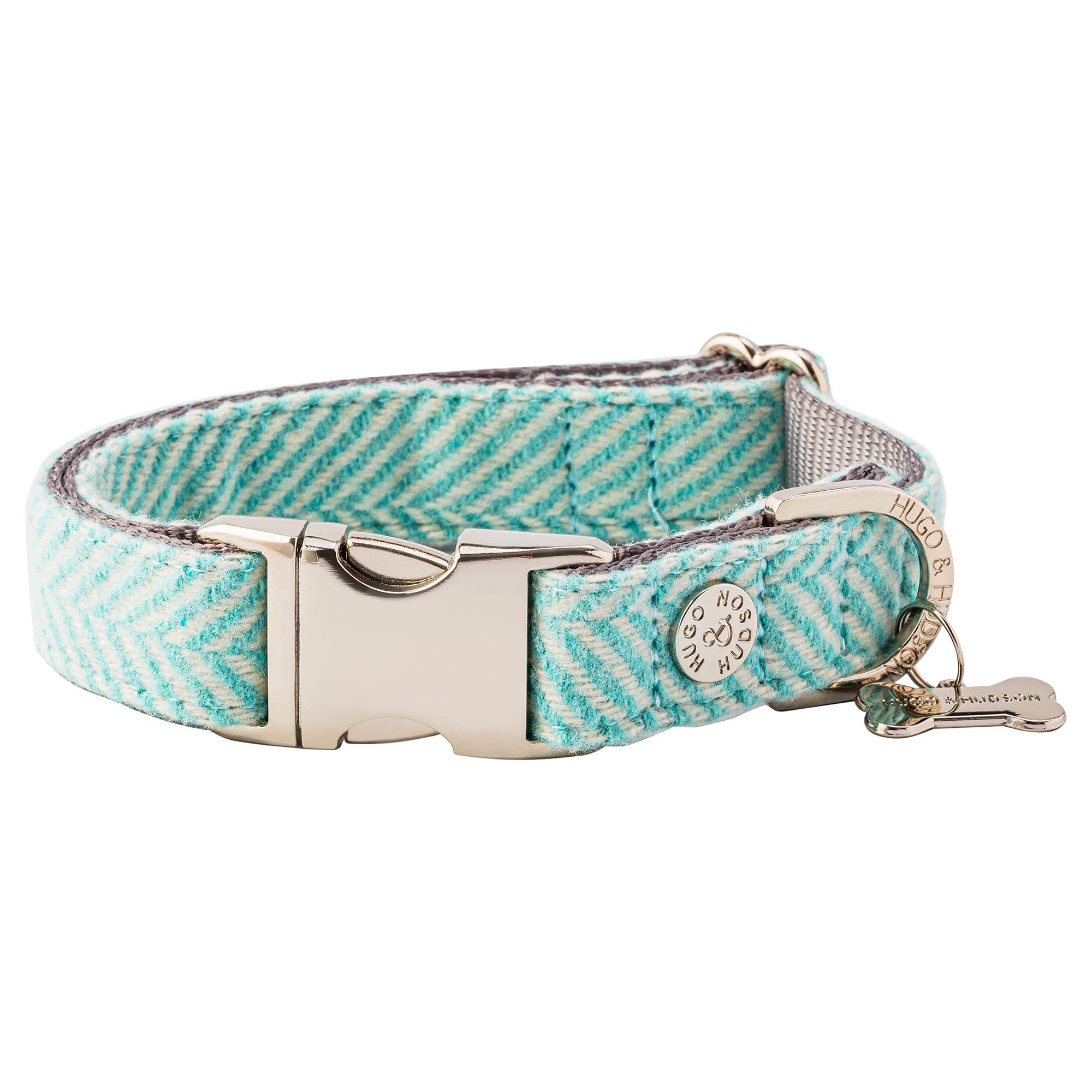 HUGO & HUDSON Tweed Dog Collar, Adjustable Quick Release Safety Metal Buckle, Aqua Herringbone, XS — image 1