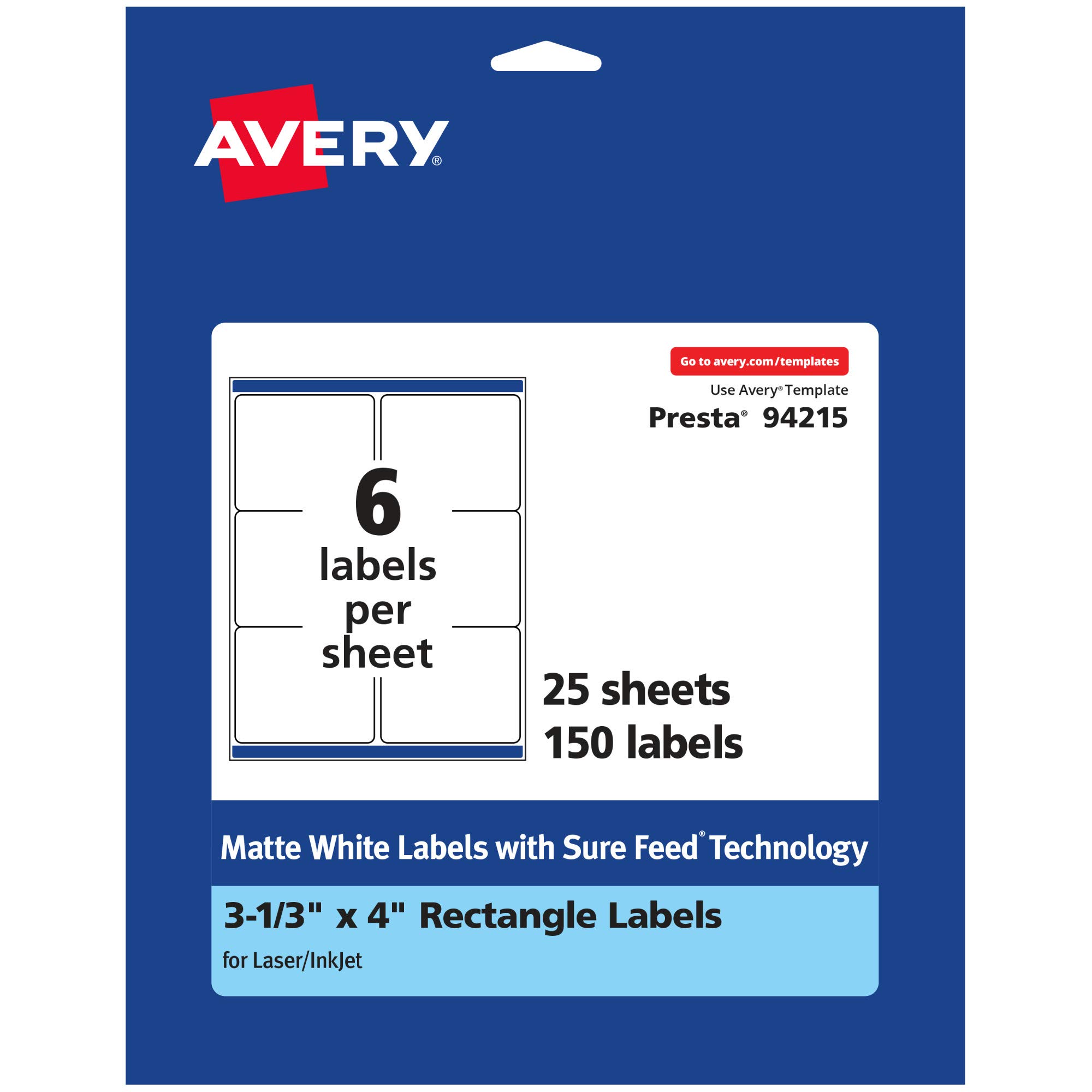Photo 1 of Avery Matte White Rectangle Labels, Sure Feed Technology, 3-1/3" x 4", 150 Matte White Printable Labels