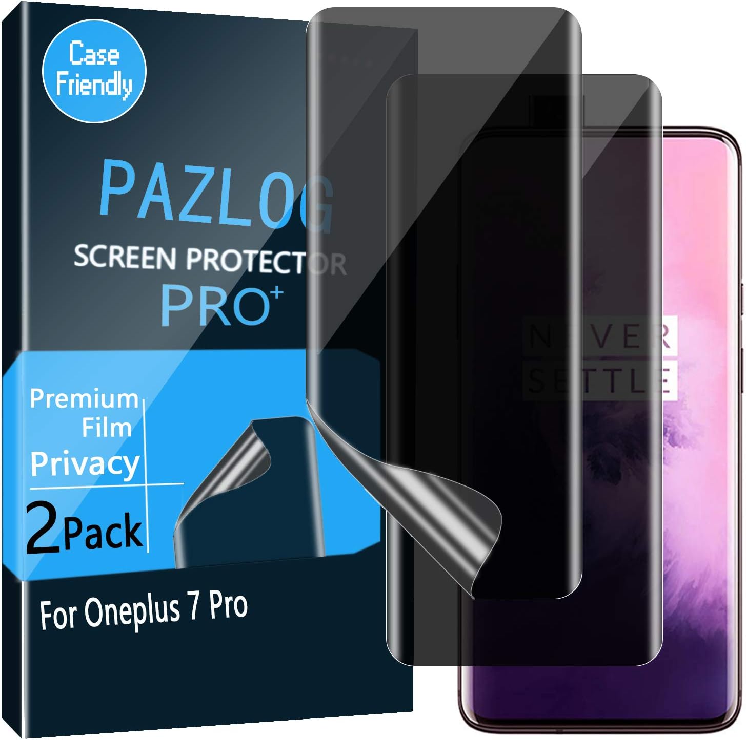 [2 Pack] PAZLOG OnePlus 7 Pro Privacy Screen Protector, Anti Spy Full Coverage [Case Friendly] No Bubble Full Adhesive Easy Installation Flexible Film for OnePlus 7T Pro/ 7 Pro 5G 6.67”