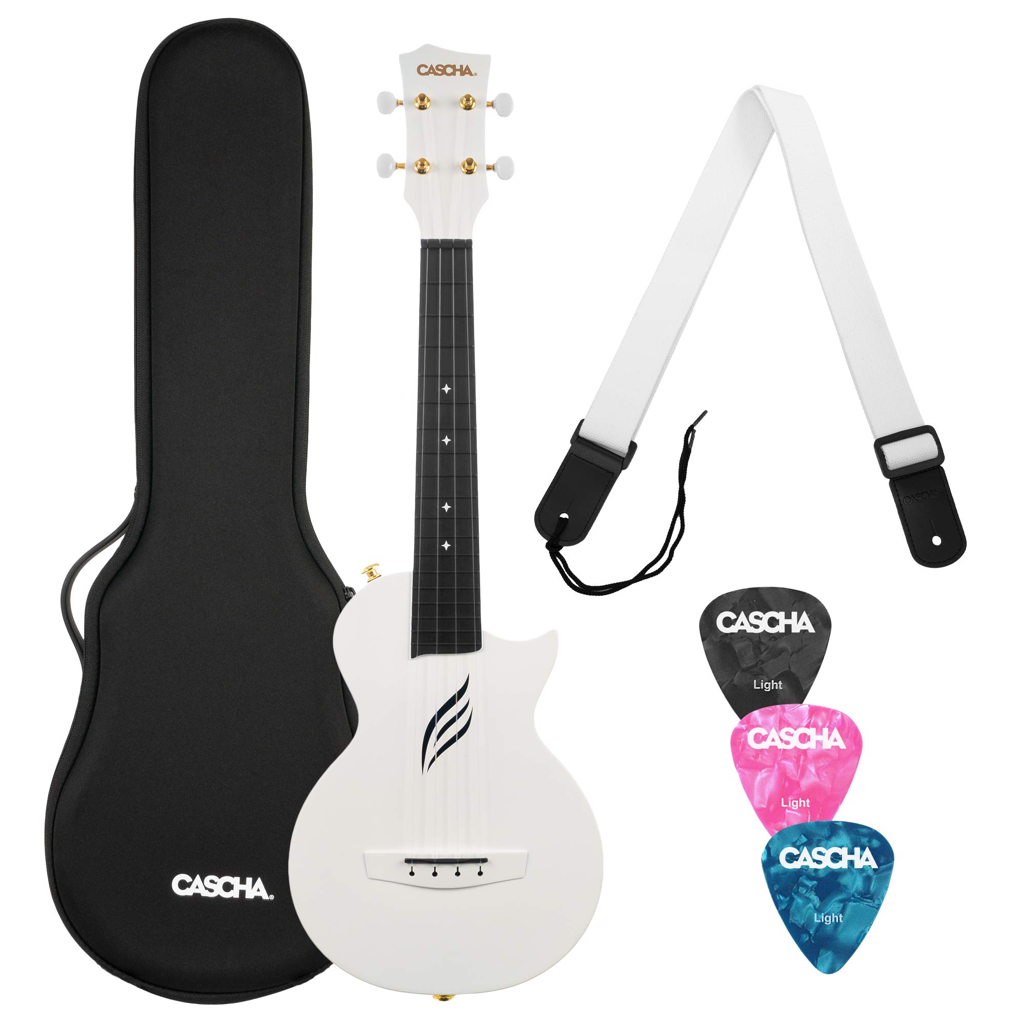CASCHA Concert Ukulele Set Carbon Fiber - Carbon Ukulele Starter Kit with 3 Picks and Bag - Ukulele Set Fluorocarbon Strings - Small Hawaiian Guitar for Beginners and Advanced - White