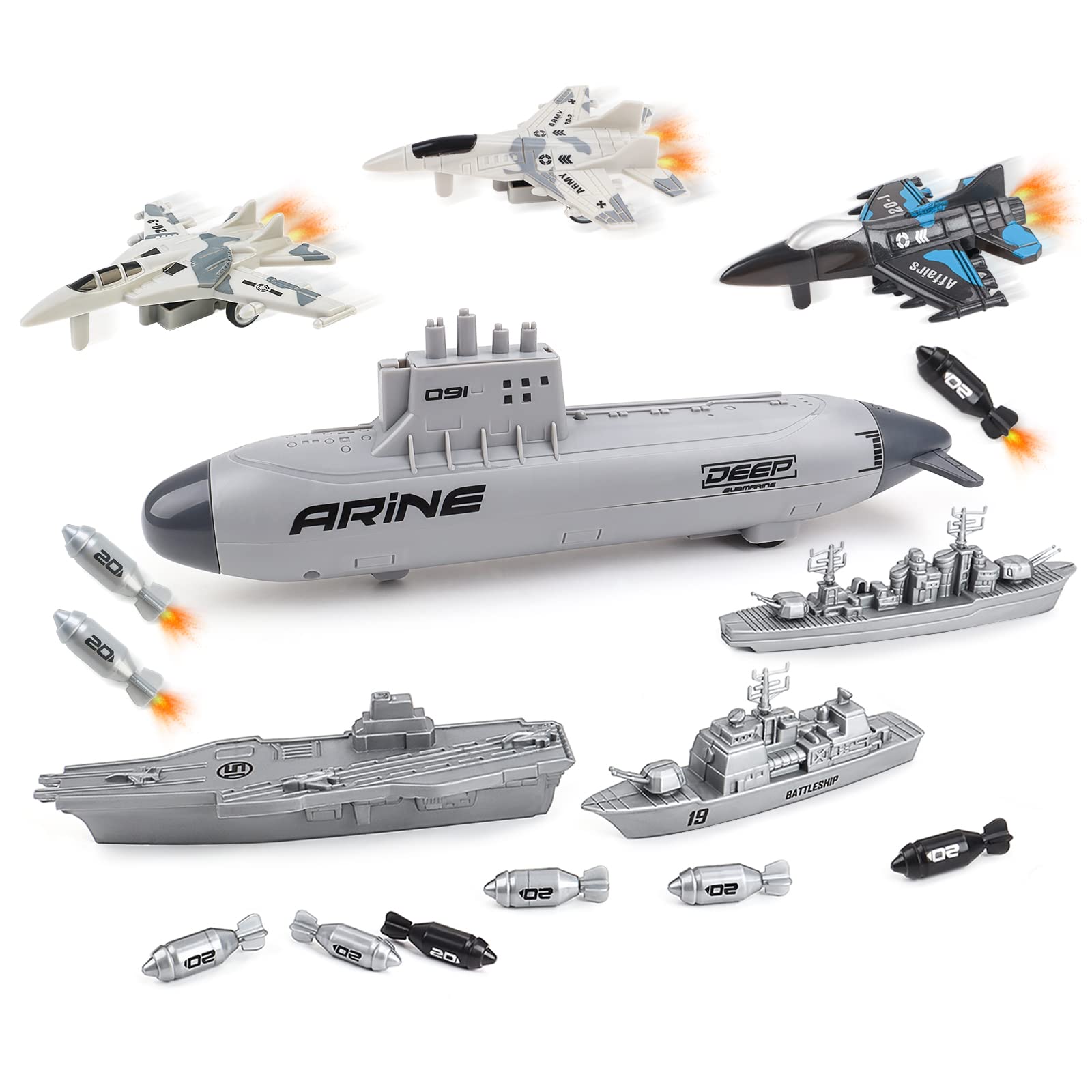deAO Army Toys, Aircraft Carrier Toy Military Submarine Naval Ship Play Set with Planes Army Toy Battleship for Kids Boys Girls