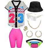 80s 90s Outfit for Women Baseball Jersey Shirt Shorts Fanny Pack Retro Party Costume Repper Accessories