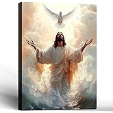 Framed Jesus Canvas Wall Art White Dove and Jesus Wall Decor Picture Christian Poster Painting Decoration Unique Print Wall Decor Living Room Bedroom Church Decor 12x16 Inch Ready to Hang