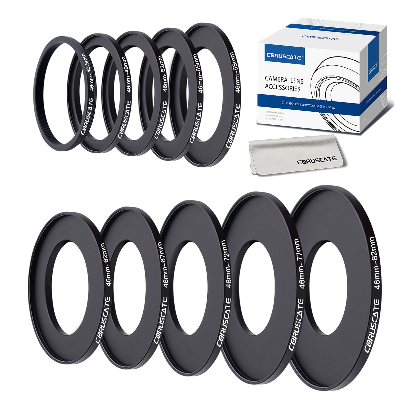 10Pcs 46mm Filter Ring Adapter Set,Lens Filter Stepping Rings for All UV ND CPL (46-40.5mm,46-49mm,46-52mm,46-55mm,46-58mm,46-62mm,46-67mm,46-72mm,46-77mm,46-82mm)+Lens cleaning cloth